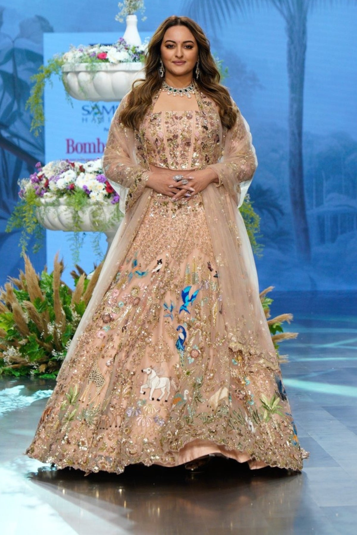 Mocha Zardozi & 3D Floral Tulle Lehenga with Corset Blouse & Veil