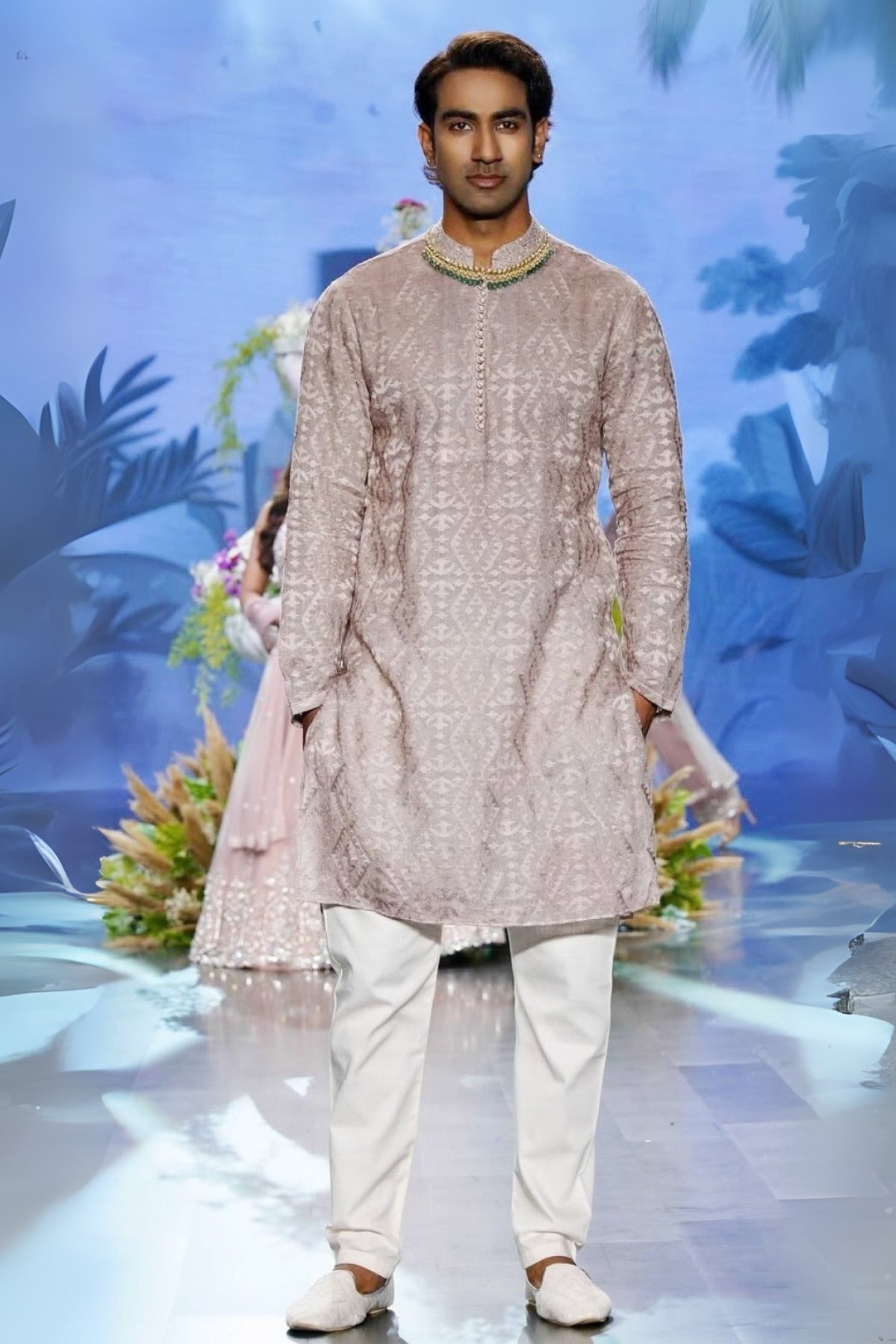 Mauve Pure Linen Cotton Kurta Pants with Hand Embroidery