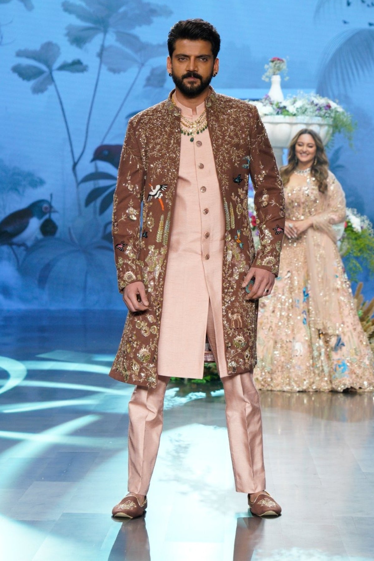 Mocha & Brown Handworked Indo-Western Sherwani with 3D Floral Detailing