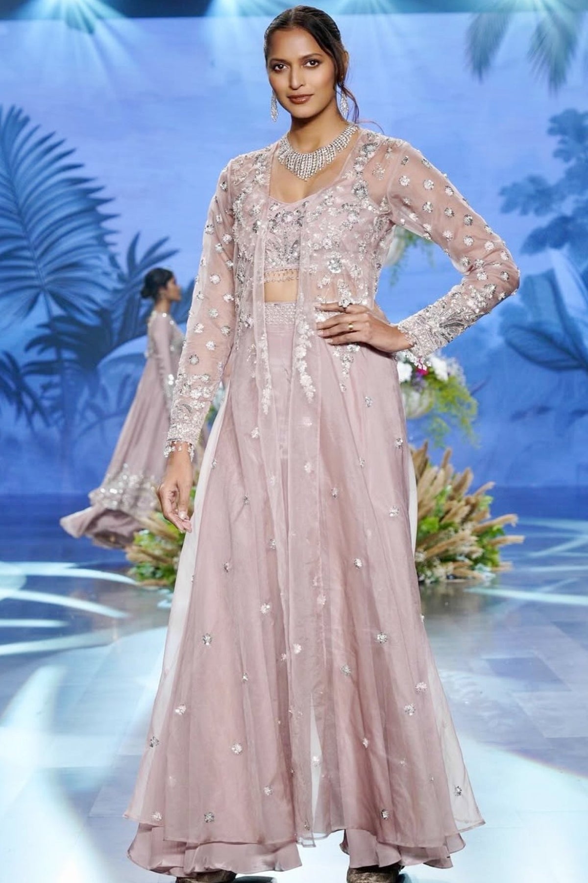 Mauve Organza Sharara Bustier Jacket Set with Hand Embroidery
