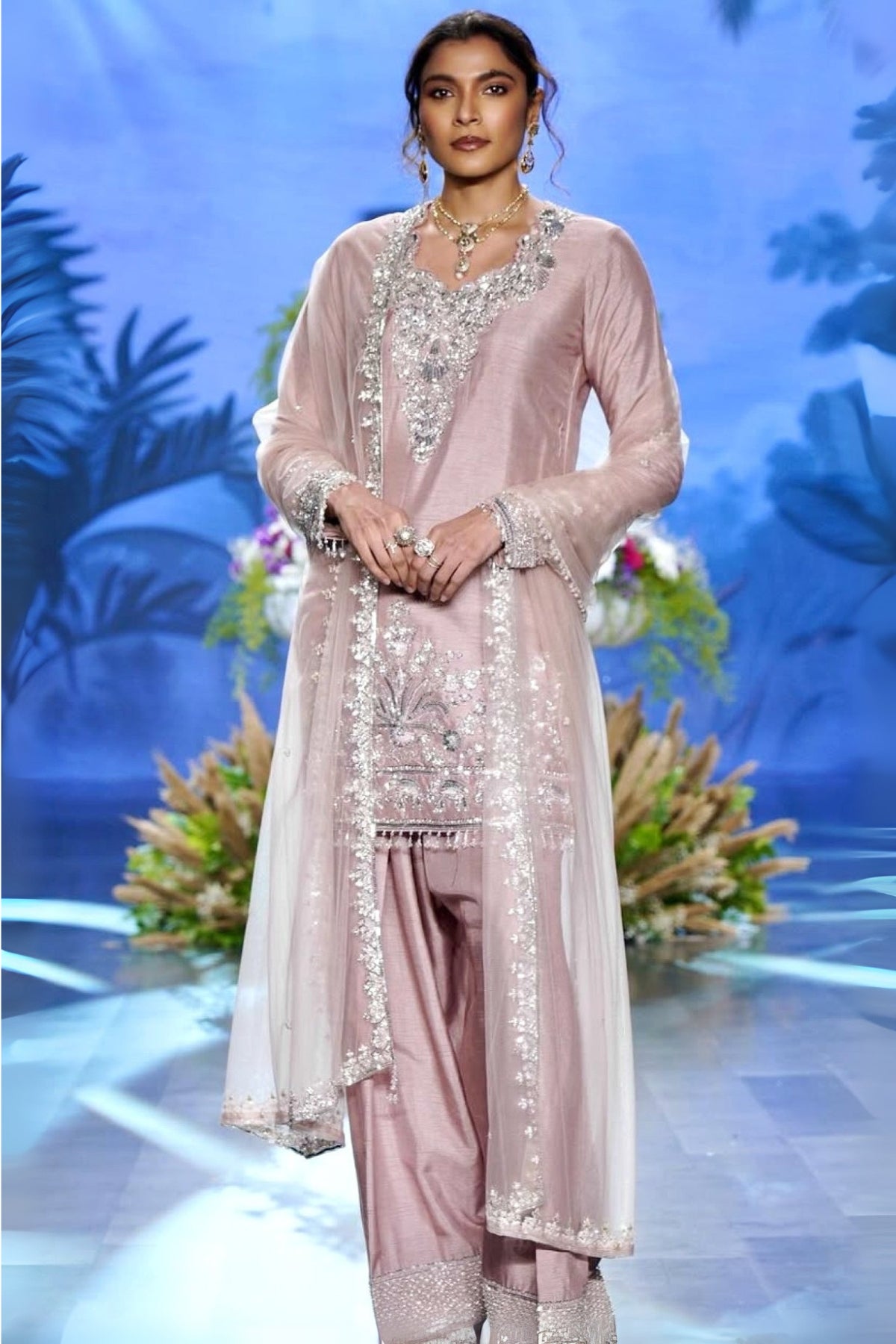 Mauve Tussar Silk Farshi Salwar Kurti Set with Hand Embroidery