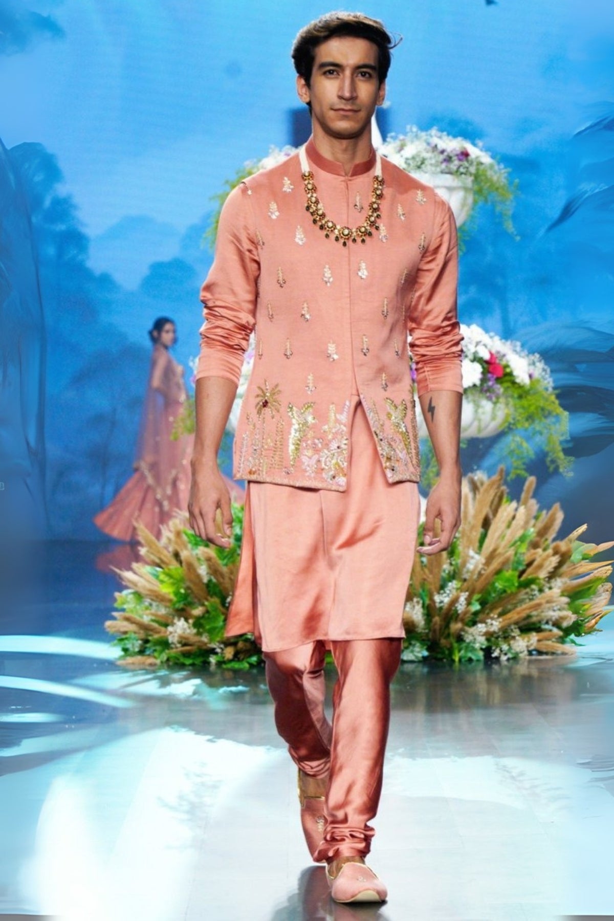 Dusty Rose Pink Satin Churidar Kurta with Bandi & Hand Embroidery