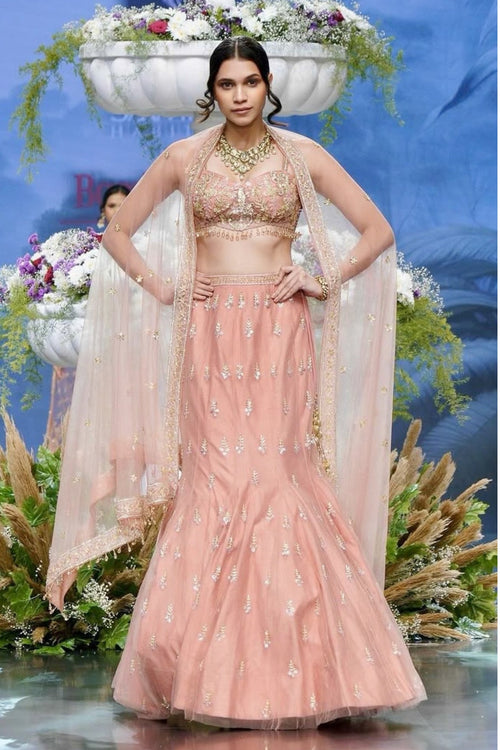 Dusty Rose Pink Net Fishcut Lehenga Set with Hand Embroidery